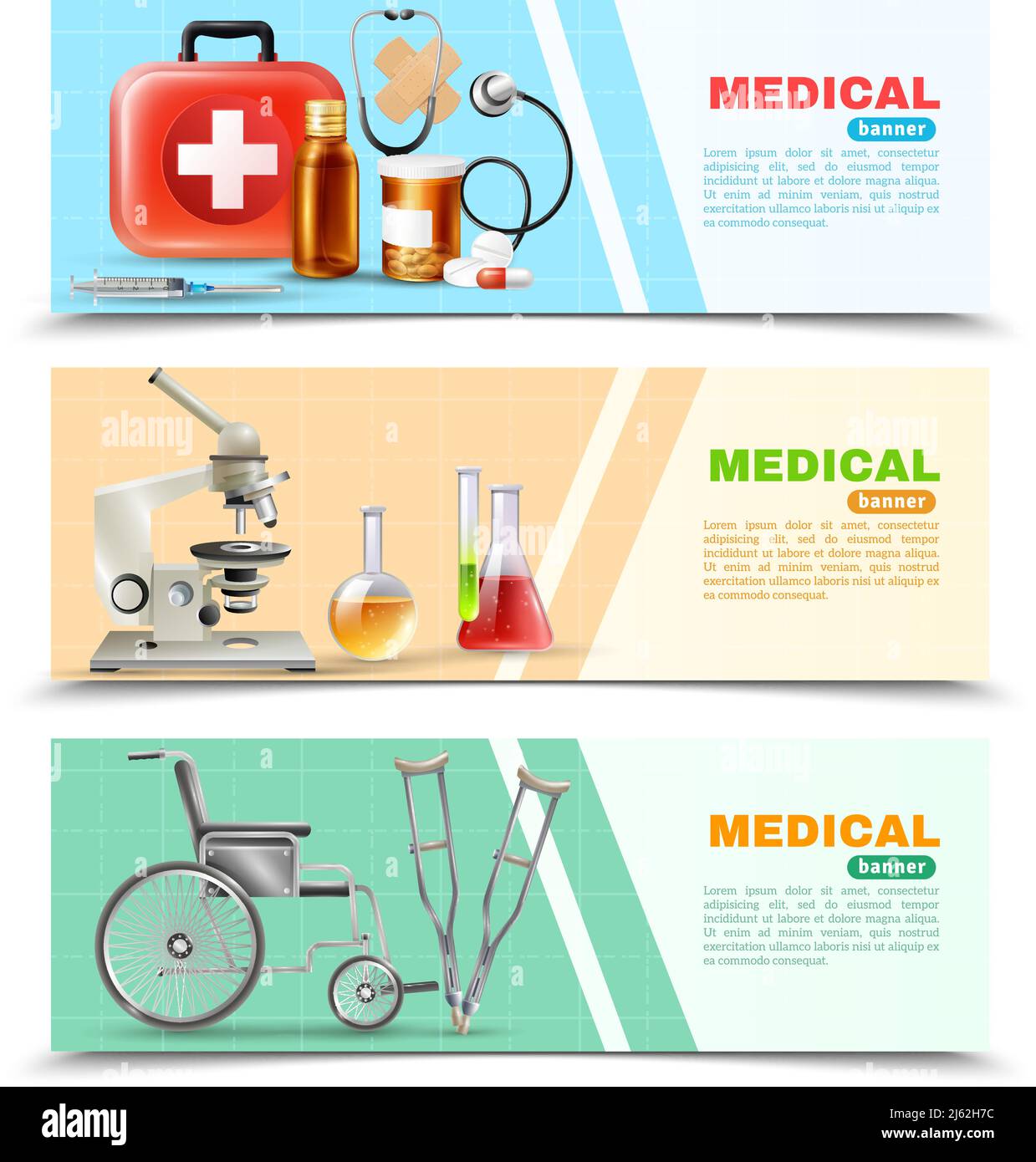Healthcare online 3 medizinische horizontale Banner Set mit Labor elektronisch Mikroskop Rollstuhl und Krücken isoliert Hintergrund Vektor Illustration Stock Vektor