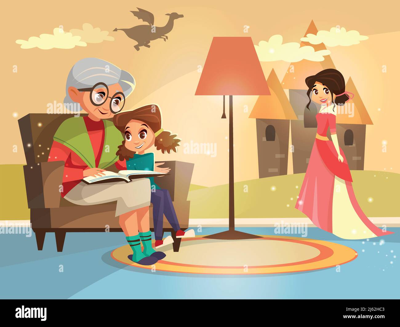 Vector Cartoon Großmutter Lesung Märchen Buch zu Mädchen Kind sitzt am Sessel. Abbildung Ältere Elternteil Kind auf dem Hintergrund der Wohnung Innenraum w Stock Vektor