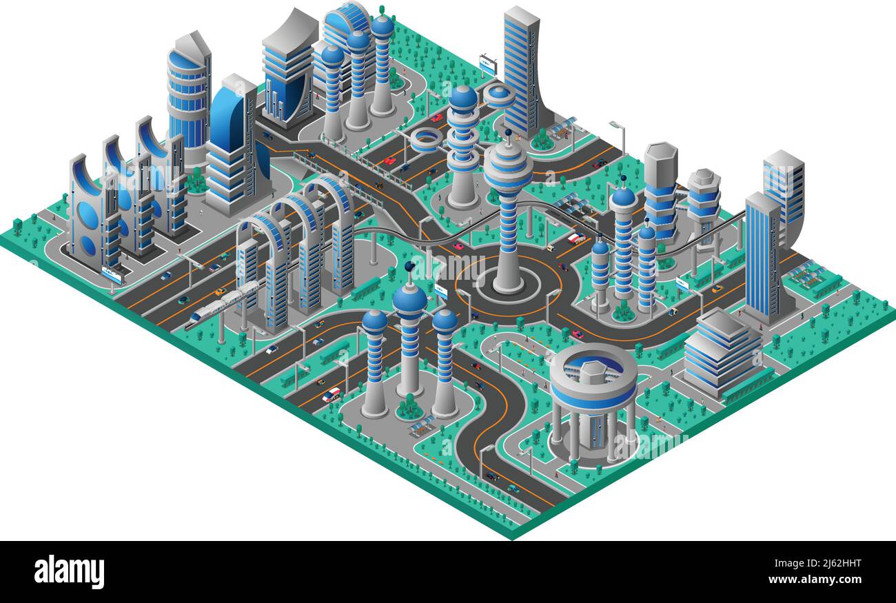 Zukünftige Stadt isometrische Zusammensetzung mit futuristischen Gebäuden von verschiedenen Bauweise Vektorgrafik Straße und Park Stock Vektor