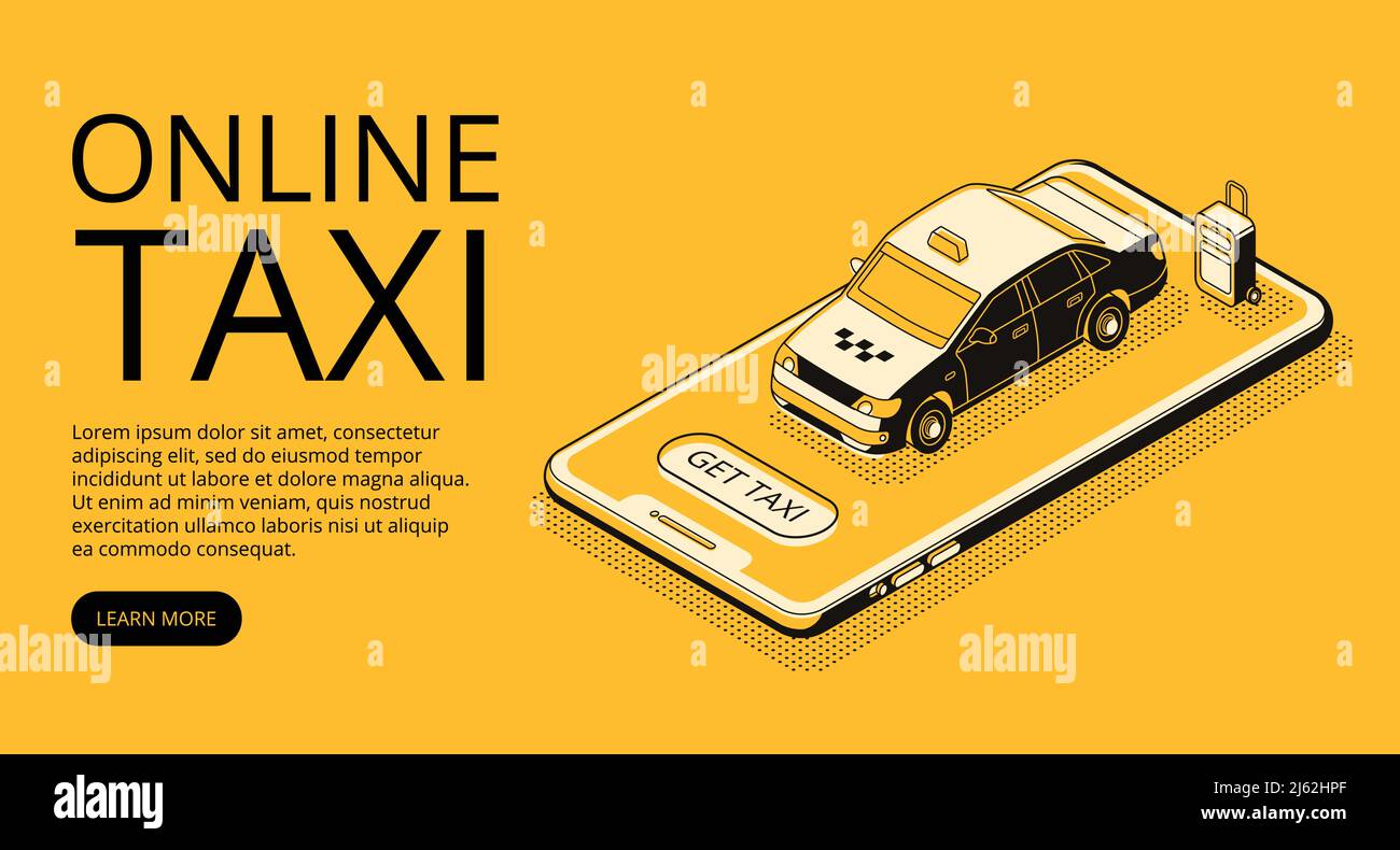Taxi Online-Service-Vektor-Illustration in dünne Linie Kunst und schwarz isometrische Halbton-Stil. Auto auf Smartphone für Carsharing oder Carpool-Anwendung A Stock Vektor