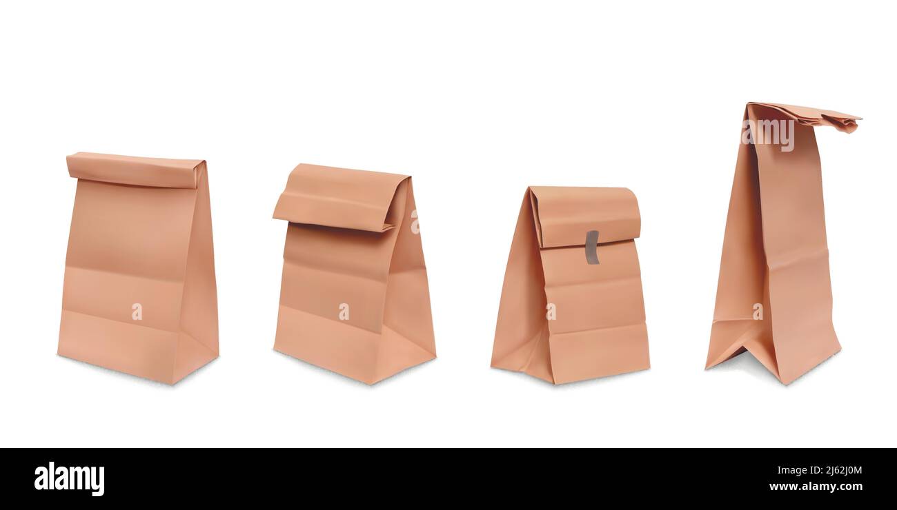 Papiertüte, Satz von Vektor-realistischen Abbildungen braunes Papier Lebensmittelbeutel für Mahlzeit, Verpackung für Fast Food, Snacks, Vorder- und Seitenansicht isoliert auf w Stock Vektor
