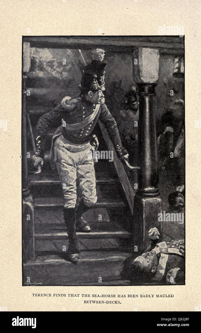 TERENCE FINDET HERAUS, DASS DAS SEEPFERD ZWISCHEN DEN DECKS schwer ZERMAUERT wurde aus dem Buch "mit Moore in Corunna" von George Alfred Henty, illustriert von Walter (Wal) Paget, Erscheinungsdatum 1897 Herausgeber New York : C. Scribner's Sons. [Die Schlacht von Corunna (oder A Coruña, La Corunna, La Coruña oder La Corogne), in Spanien bekannt als Schlacht von Elviña, fand am 16. Januar 1809 statt, als ein französisches Korps unter dem Marschall des Imperiums Jean de Dieu Soult eine britische Armee unter Generalleutnant Sir John Moore Angriff. Die Schlacht fand inmitten des Peninsular-Krieges statt, der Teil der breiteren Napoleonischen Kriege war Stockfoto