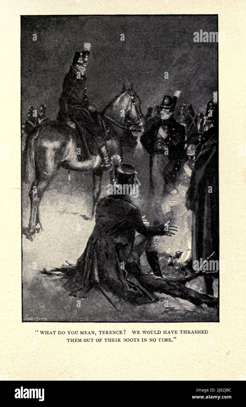 WAS MEINST DU DAMIT, TERENCE? WIR HÄTTEN SIE IN KÜRZESTER ZEIT aus DEM Buch "mit Moore in Corunna" von George Alfred Henty, illustriert von Walter (Wal) Paget, Erscheinungsdatum 1897 Verlag New York : C. Scribner's Sons. [Die Schlacht von Corunna (oder A Coruña, La Corunna, La Coruña oder La Corogne), in Spanien bekannt als Schlacht von Elviña, fand am 16. Januar 1809 statt, als ein französisches Korps unter dem Marschall des Imperiums Jean de Dieu Soult eine britische Armee unter Generalleutnant Sir John Moore Angriff. Die Schlacht fand inmitten des Peninsula-Krieges statt, der ein Teil des breiteren war Stockfoto