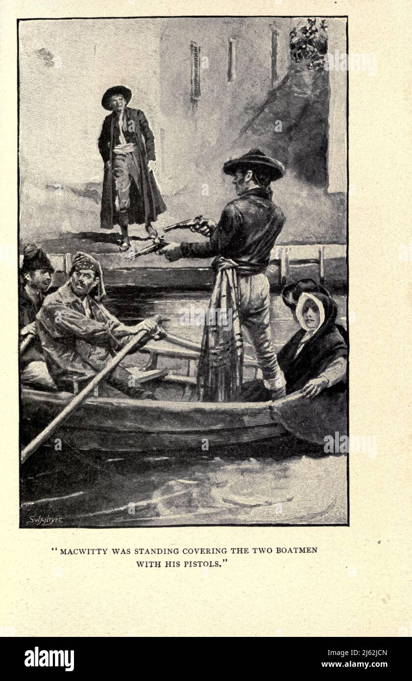 MACWITTY STAND UND BEDECKTE DIE BEIDEN BOOTSMÄNNER MIT SEINEN PISTOLEN aus dem Buch "mit Moore in Corunna" von George Alfred Henty, illustriert von Walter (Wal) Paget, Erscheinungsdatum 1897 Herausgeber New York : C. Scribner's Sons. [Die Schlacht von Corunna (oder A Coruña, La Corunna, La Coruña oder La Corogne), in Spanien bekannt als Schlacht von Elviña, fand am 16. Januar 1809 statt, als ein französisches Korps unter dem Marschall des Imperiums Jean de Dieu Soult eine britische Armee unter Generalleutnant Sir John Moore Angriff. Die Schlacht fand inmitten des Peninsular-Krieges statt, der Teil der breiteren Napoleonischen Kriege war. It Stockfoto