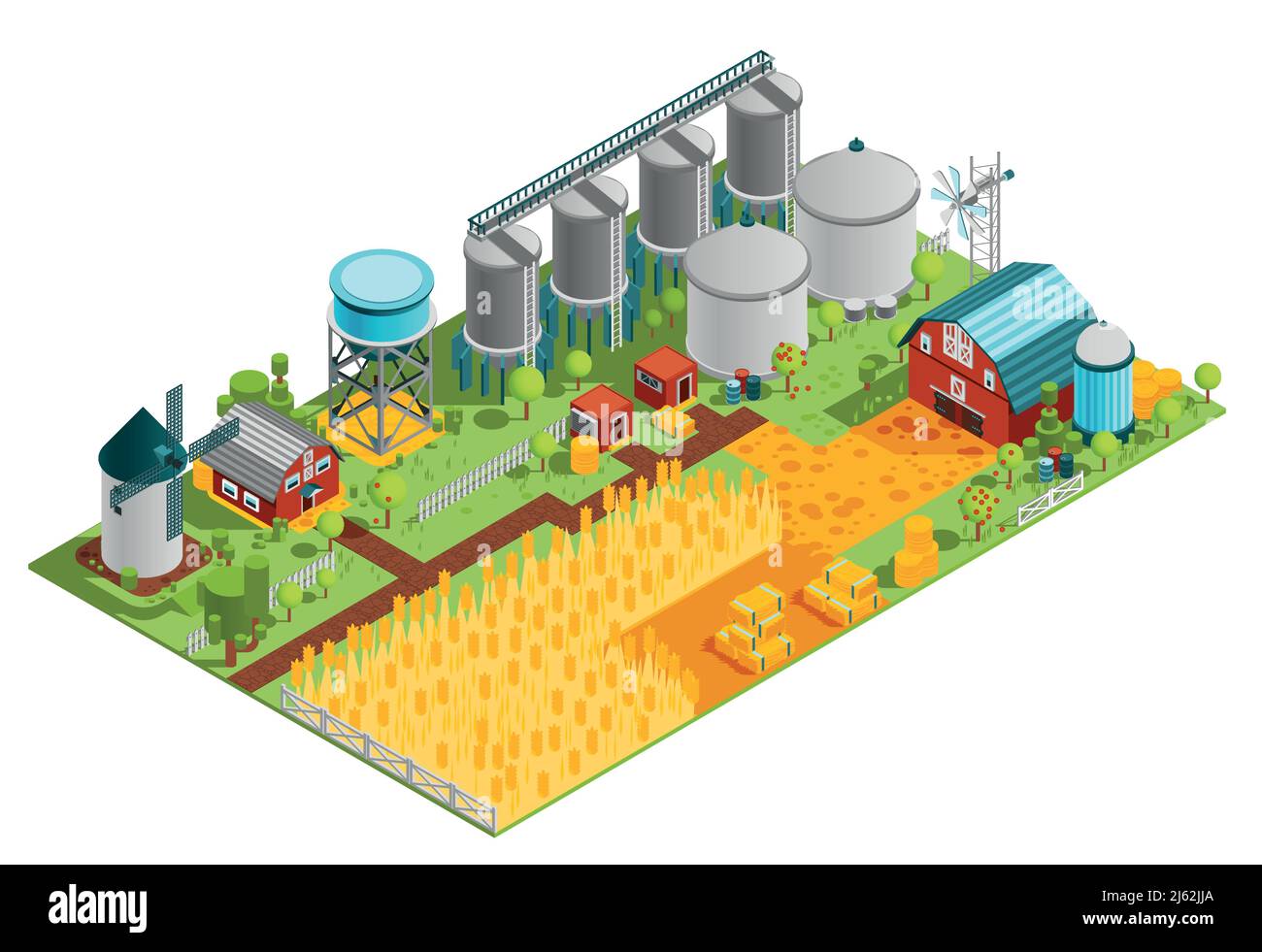 Bauernhof ländliche Gebäude isometrische Zusammensetzung mit Häusern Stauseen Mühle und Plantage Feld von Weizen Vektor-Illustration Stock Vektor