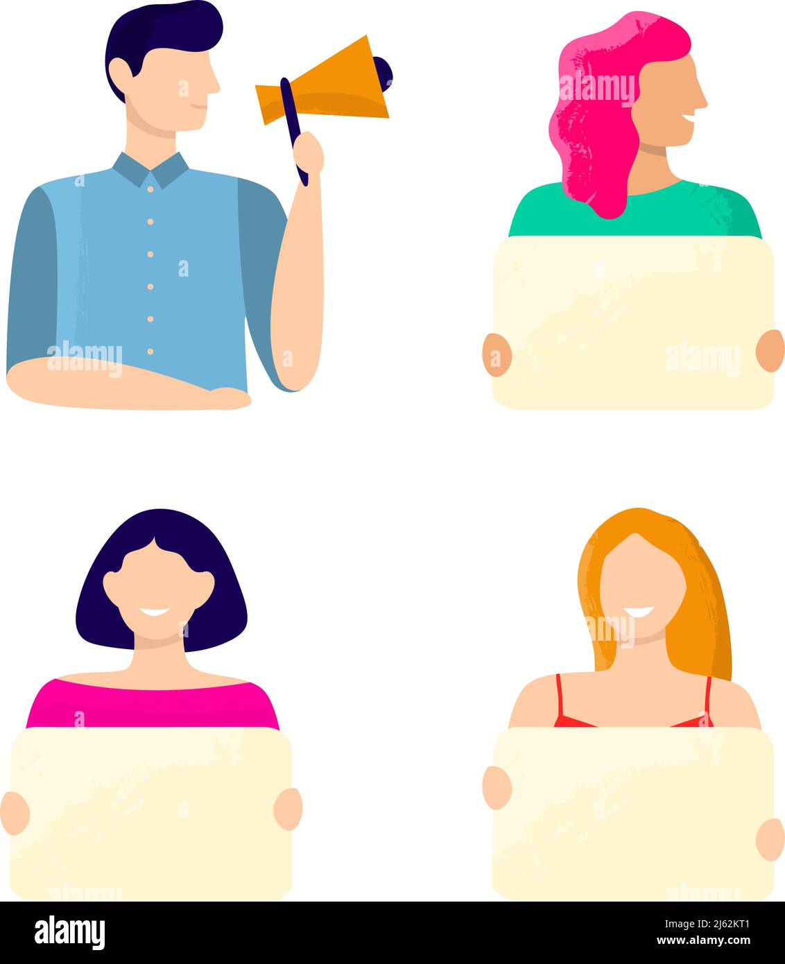 Aktivistischer Mann und Frau mit Plakat oder Megaphon Stock Vektor