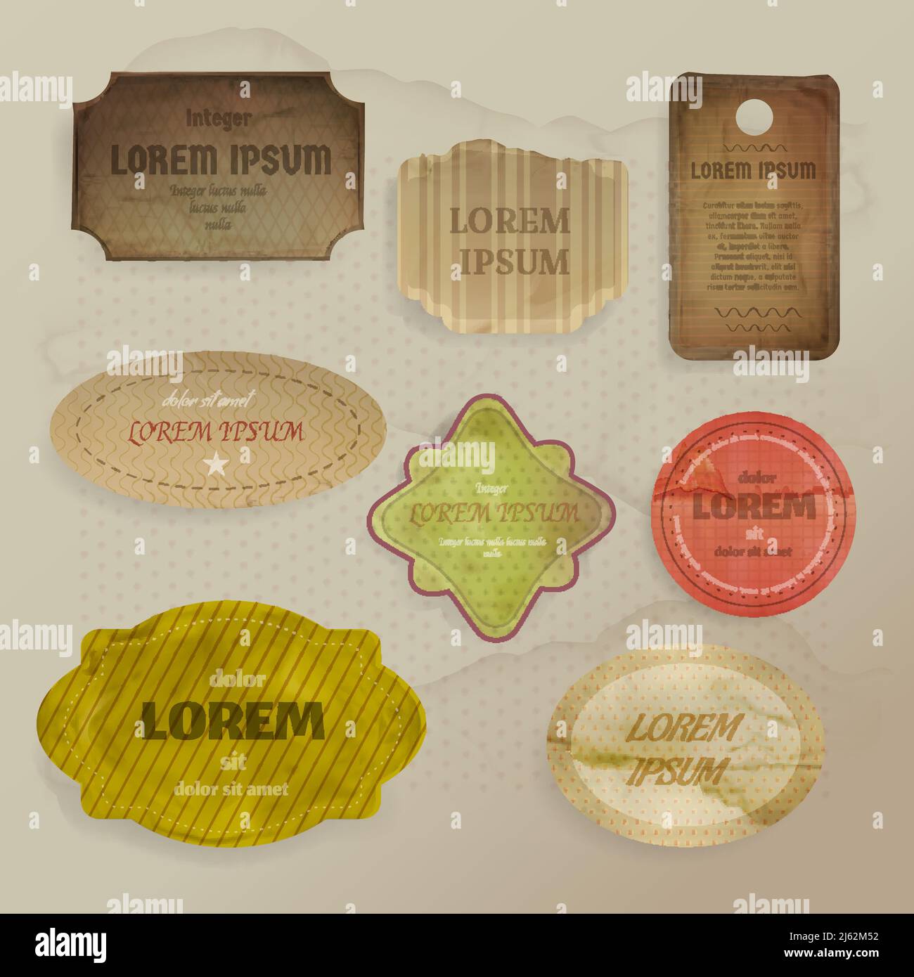 Scrapbooking Papier Elemente Vektor-Illustration von Vintage-Etiketten oder Tags Mit Rahmen im Retro-Stil und altem Grunge- oder Fleckeffekt Für Nachrichtennotizen oder Stock Vektor