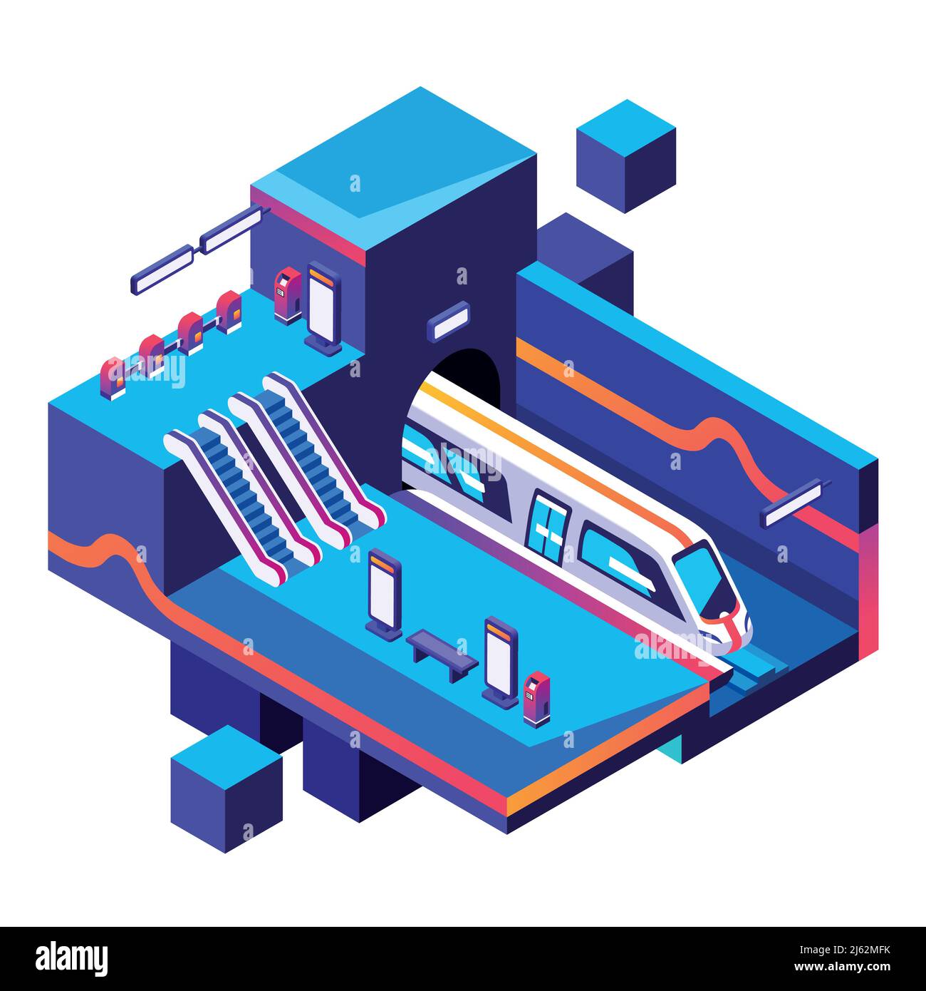 Vektordarstellung des U-Bahnhofs im Querschnitt. Isometrischer Plan des U-Bahn- oder U-Bahnhofes mit Fahrgastplatform, esca Stock Vektor