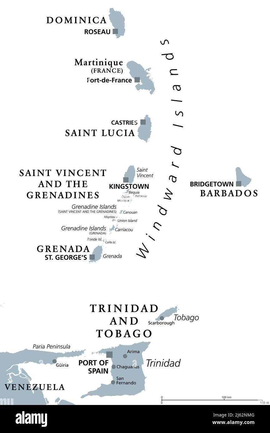 Windward Islands, graue politische Landkarte. Inseln der Kleinen Antillen, südlich der Leeward-Inseln in der Karibik. Von Dominica nach Trinidad und Tobago. Stockfoto