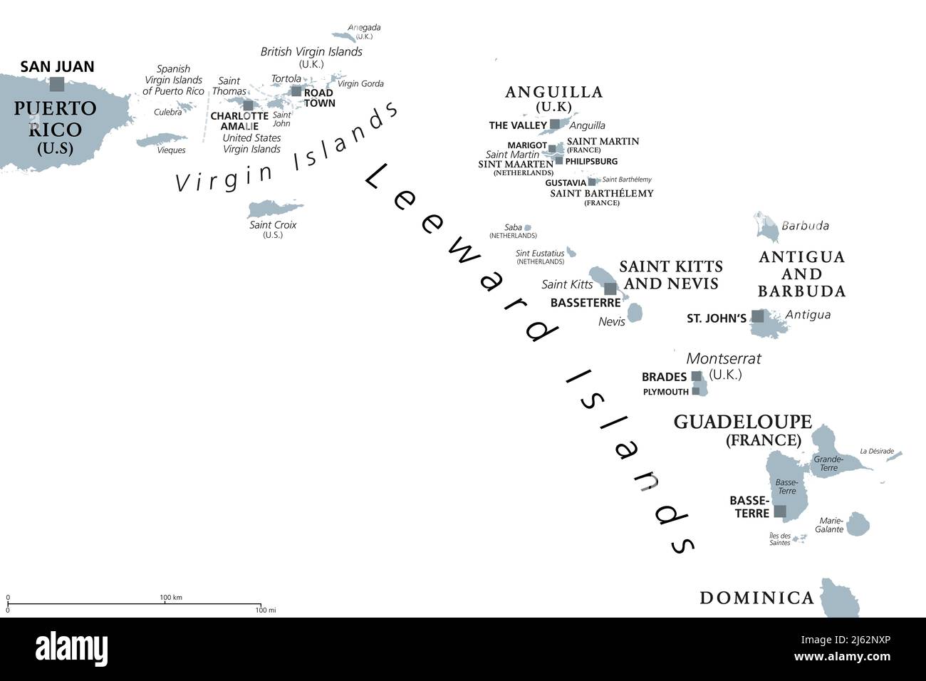 Leeward Islands, graue politische Landkarte. Teil der Kleinen Antillen, nördlich der Windward Islands in der Karibik. Von Puerto Rico nach Dominica. Stockfoto