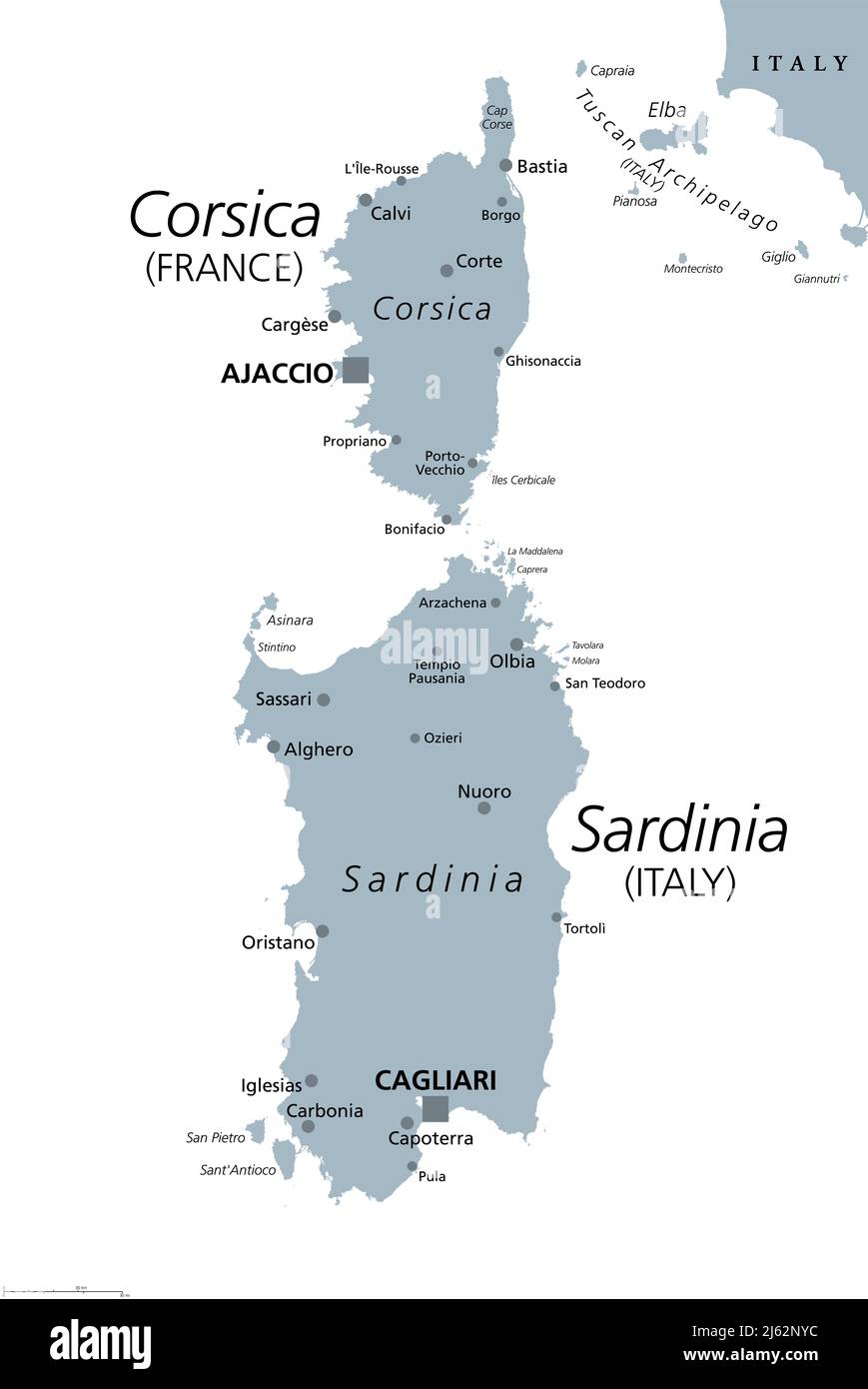 Korsika und Sardinien, graue politische Landkarte. Französische und italienische Inseln, mit 