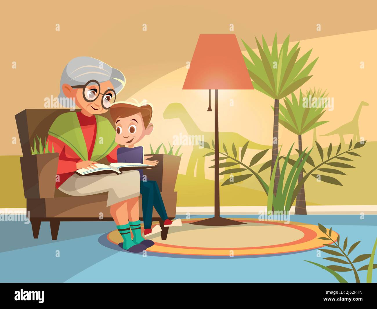 Vector Cartoon Großmutter lesen wissenschaftliche Buch zu Junge Kind sitzenden Sessel. Illustration Ältere Eltern Hintergrund des Wohnraums mit Dinosauriern Stock Vektor