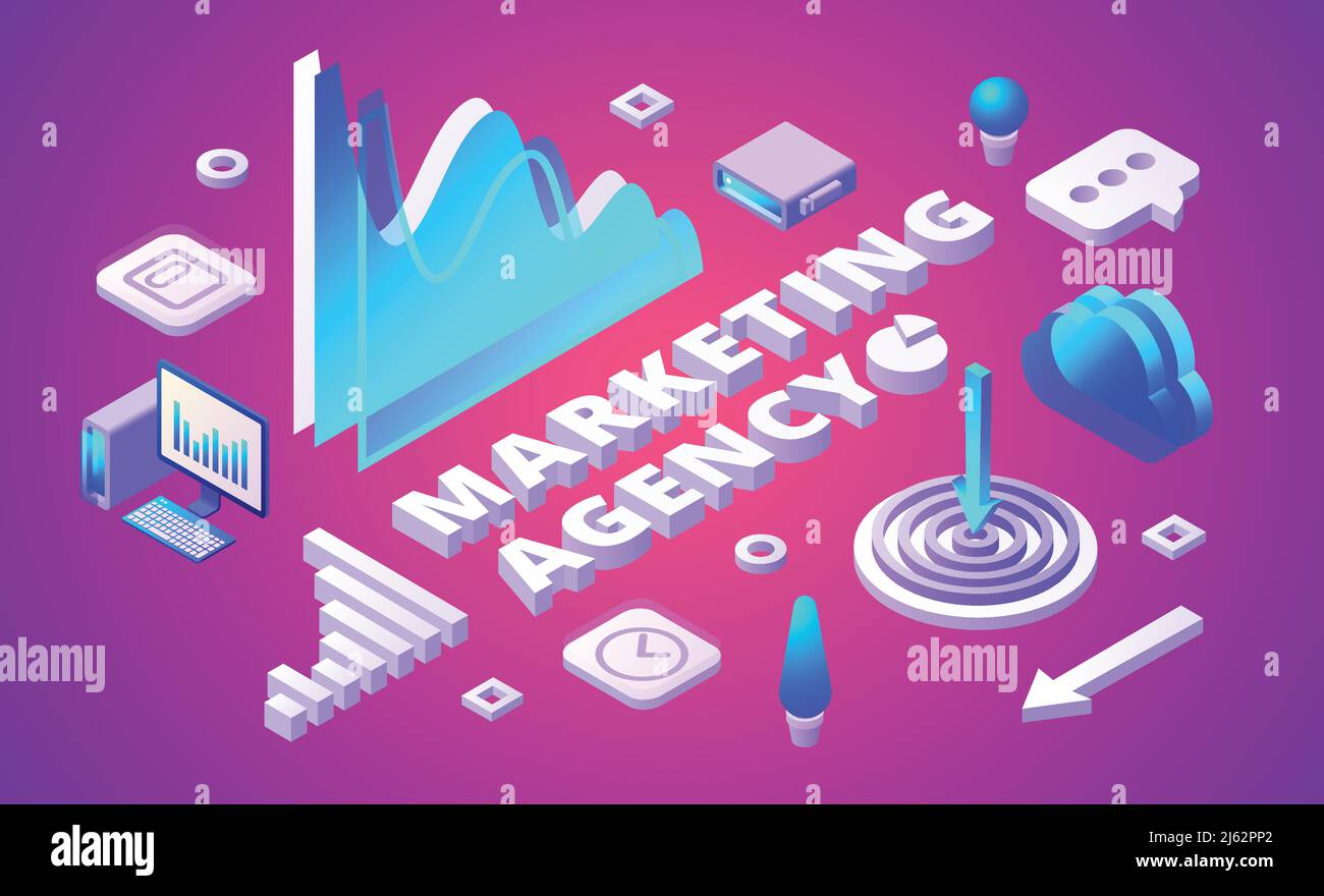 Vektordarstellung von Marketingagenturen für Marktforschung und Geschäftssymbole. Isometrische Marktanalyse und Management-Infografik, Computer und Cloud Stock Vektor
