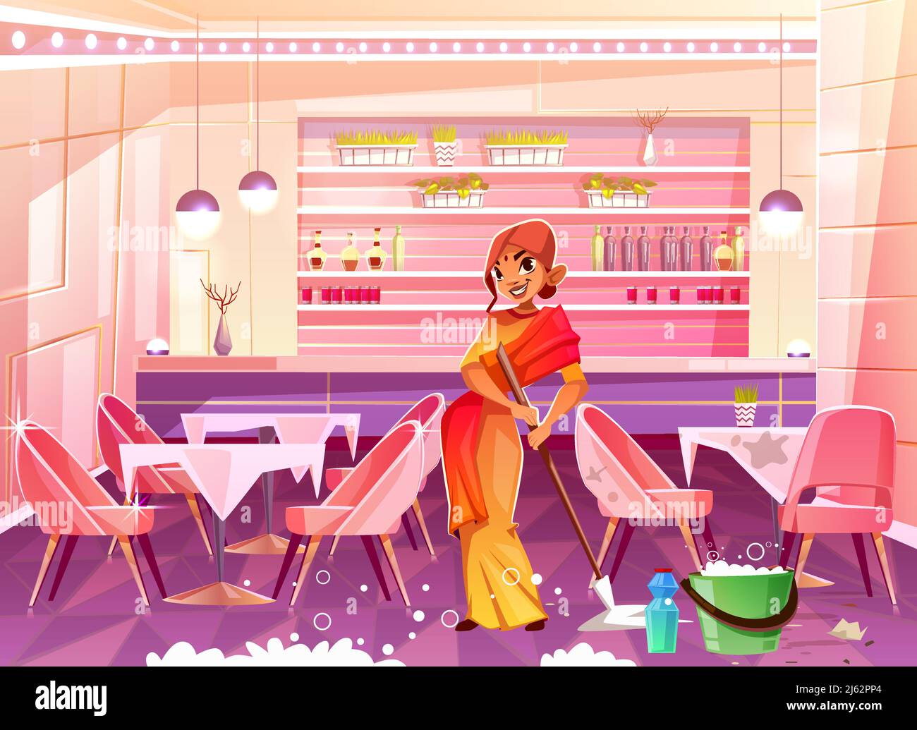 Indische Frau Charakter in ethnischen Kleidung, mit Mopp in den Händen Waschboden, Reinigung Café oder Restaurant Halle Cartoon-Vektor-Illustration. Kleine Familie Stock Vektor