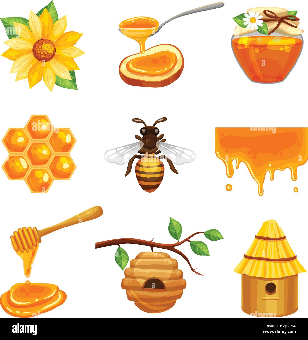 Honey isoliert Cartoon Icon Set mit verschiedenen Elementen der Bienenzucht Und Bienenleben Vektor Illustration Stock Vektor