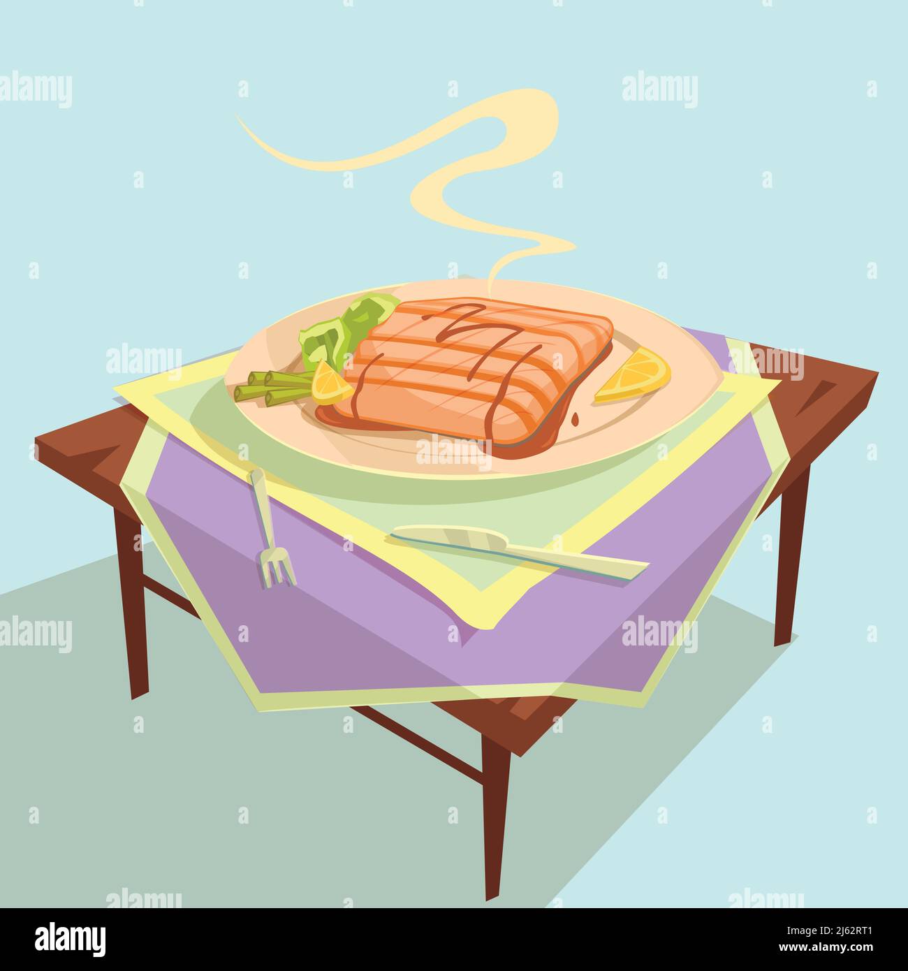 Fischgericht Cartoon-Konzept mit Teller Gabel Messer und Tisch vektorgrafik Stock Vektor