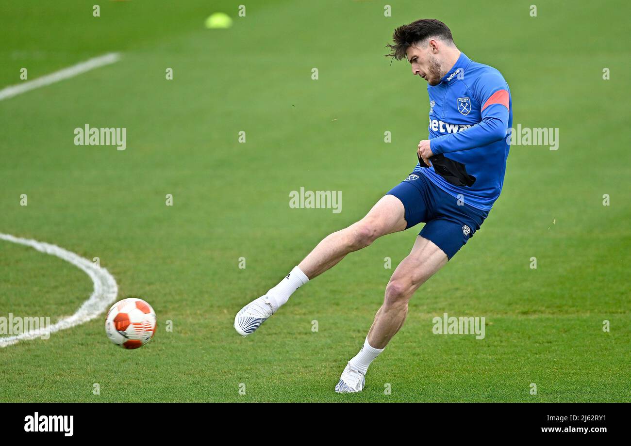 Rush Green London, Großbritannien. 27. April 2022. Declan Rig (West Ham) während des West Ham Trainings auf dem Rush Green Training Ground vor dem Europa League Halbfinale des ersten Halbfinales gegen Eintracht Frankfurt am 28.. April 2022 im London Stadium. Quelle: MARTIN DALTON/Alamy Live News Stockfoto