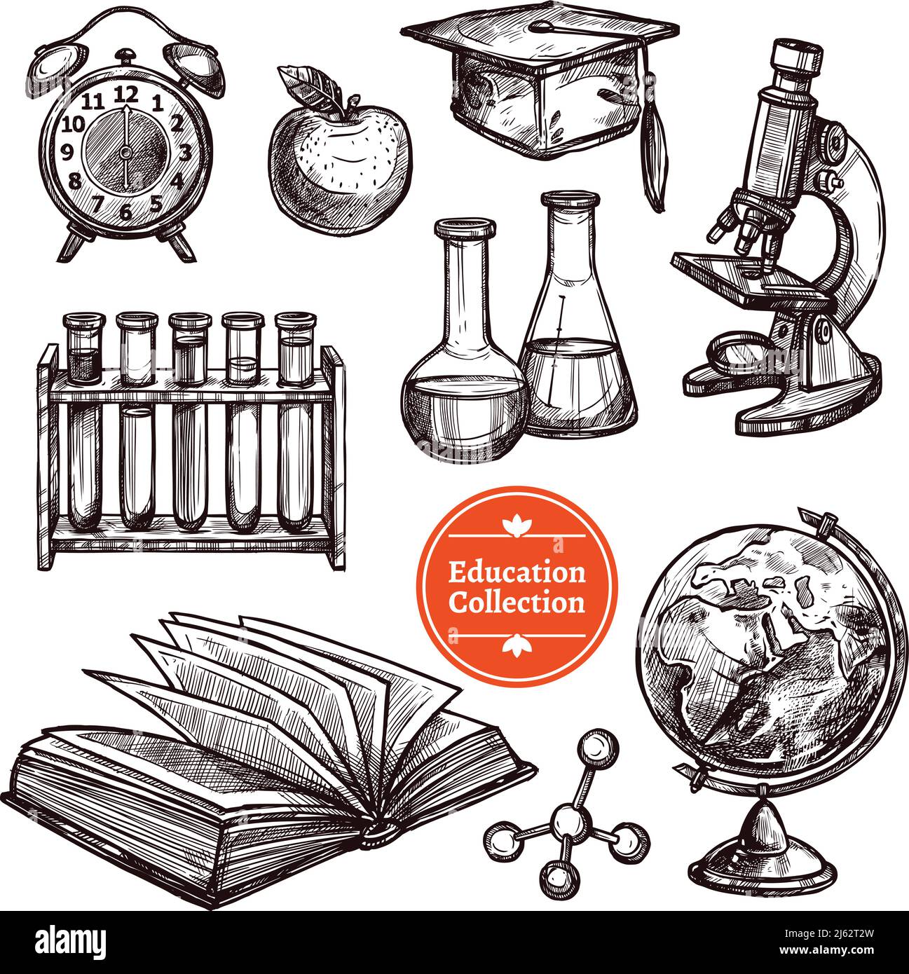 Schwarz-Weiß-Bildung handgezeichnete Skizze mit verschiedenen gesetzt Werkzeuge für die Wissenschaft und das Studium auf weißem Hintergrund isoliert Vektor Abbildung Stock Vektor