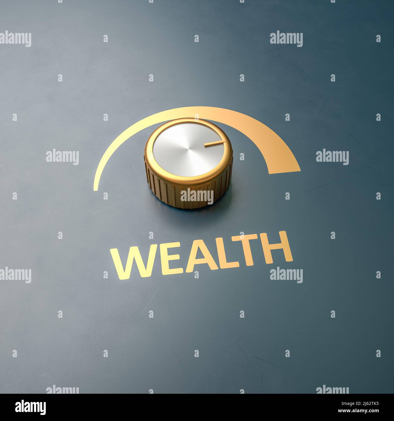 Golden Knob drehte sich in voller Größe mit dem Wort 'Wealth' als Label - Konzept für das Erhalten von Wohlstand. Platz zum besseren Zuschneiden kopieren Stockfoto