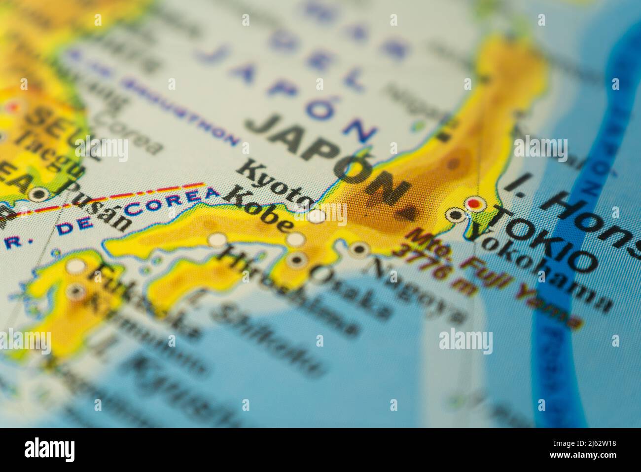 Nahaufnahme der orographischen Karte der japanischen Honshu-Insel und ...