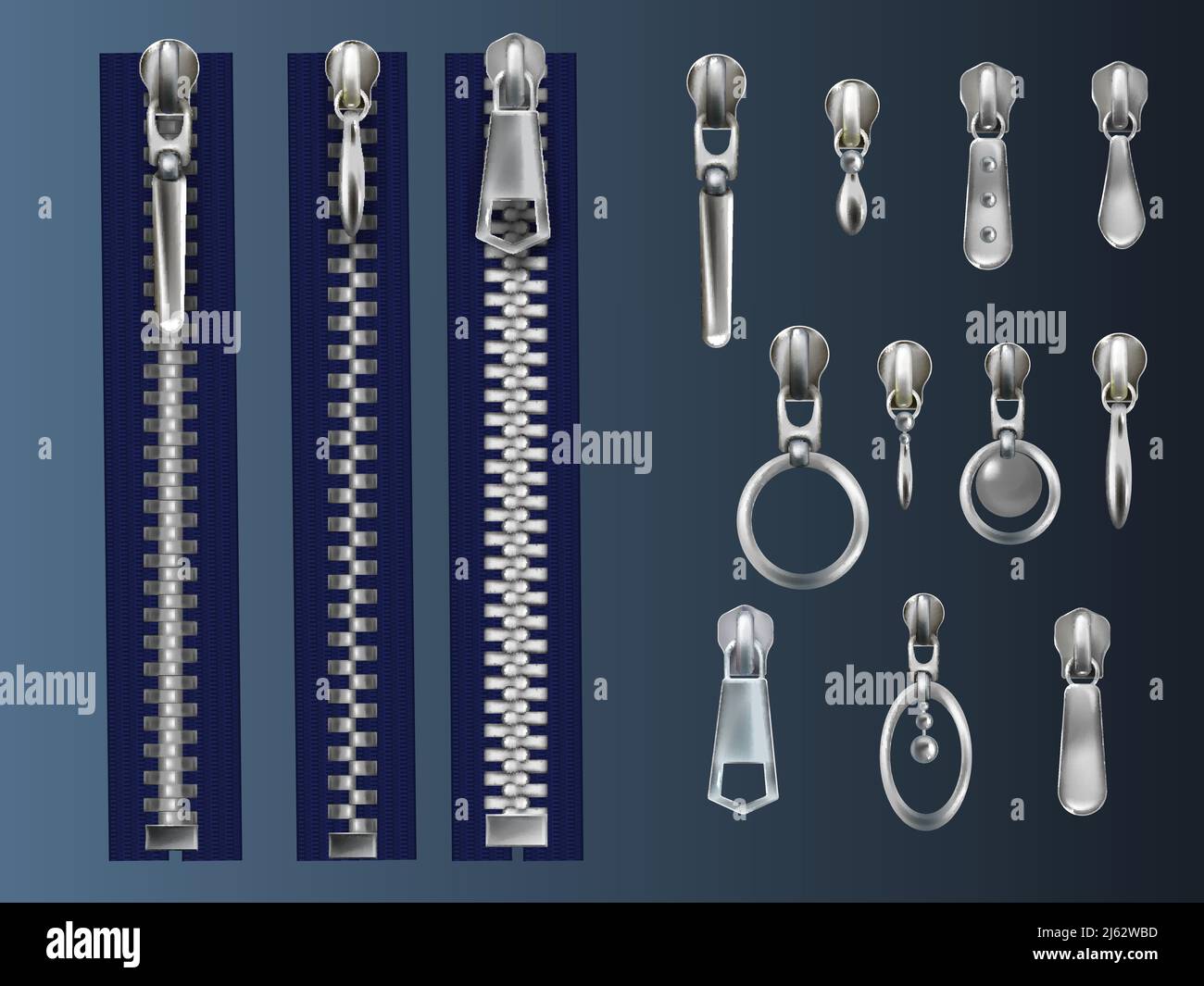 Set aus Metall, geschlossenen Reißverschlüssen auf blauem Gewebeband und Stahlabzieher mit verschiedenen Ösen realistische Vektor-3d-Illustration. Andere Form, silberner Geschmack Stock Vektor