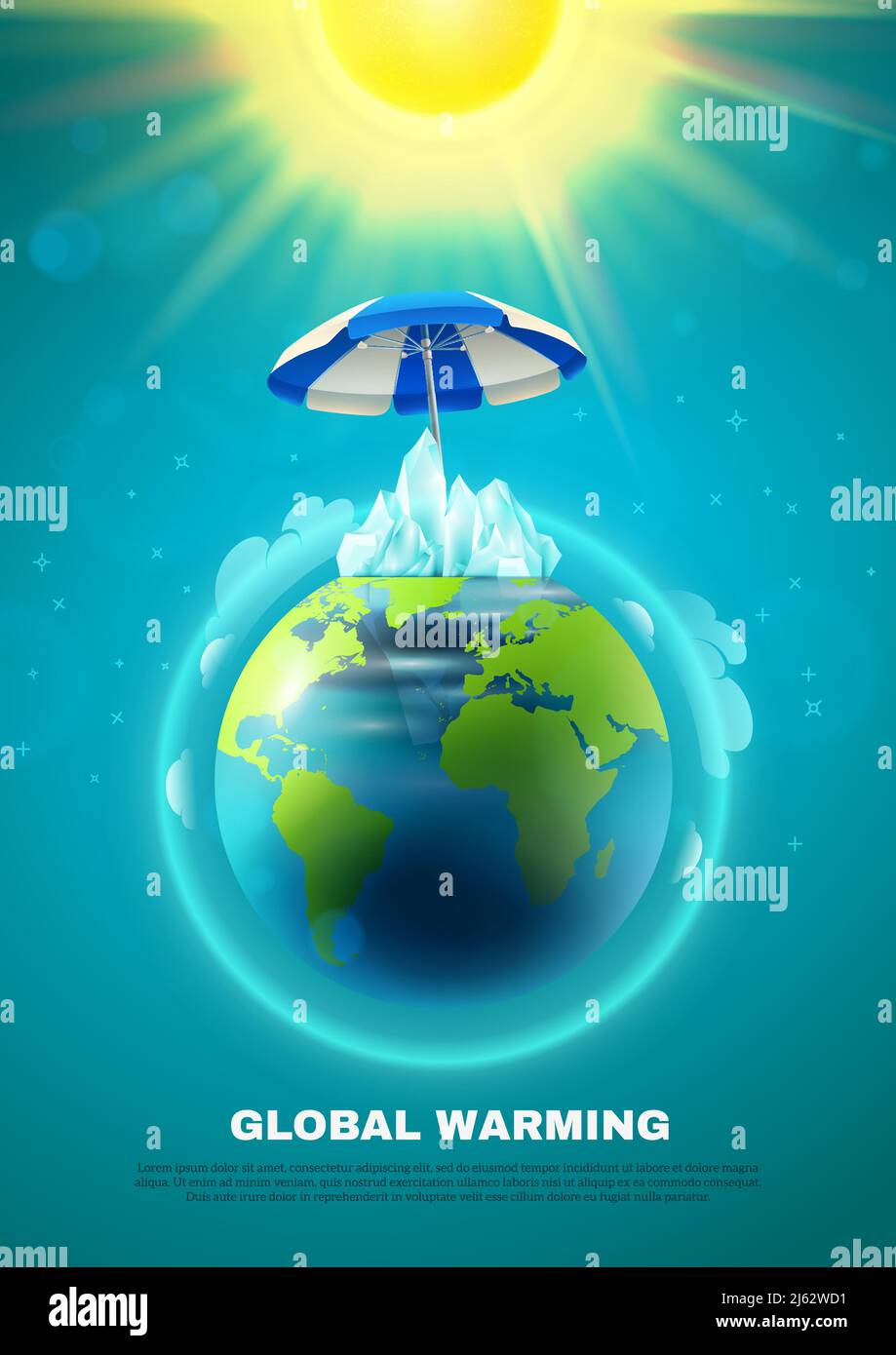 Plakat zur Erderwärmung mit Planet Erde in Atmosphäre unter Regenschirm Von Sonne auf blauem Hintergrund Vektorgrafik Stock Vektor