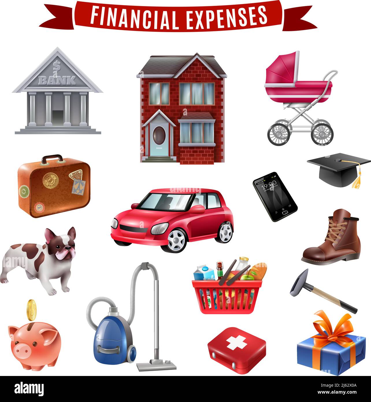 Durchschnittliche Familienhaushaltskosten Wohnung Icons Sammlung mit Wohntransport Lebensmittel Kleidung und Bildung isoliert Vektor Illustration Stock Vektor