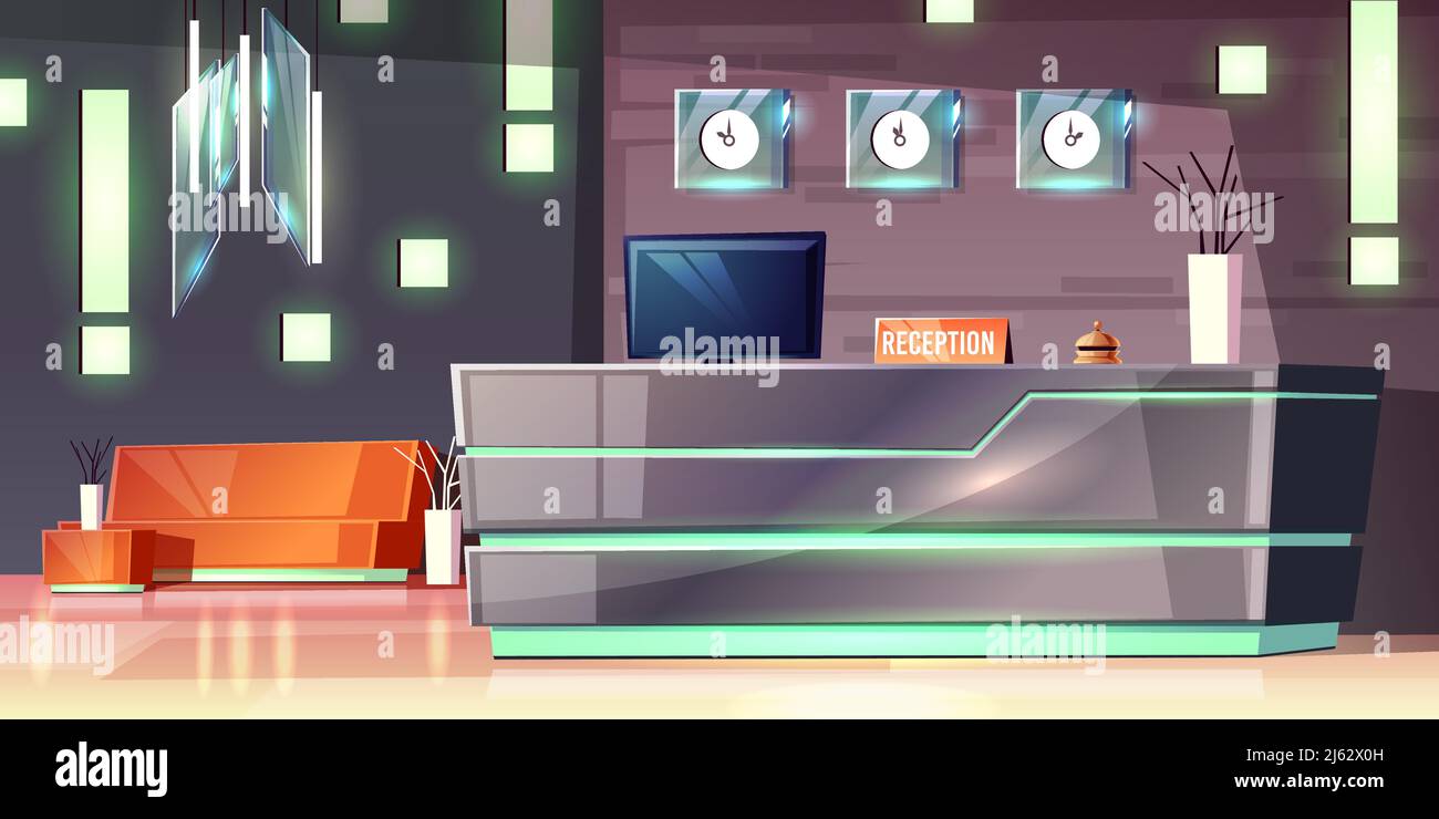 Vektor Cartoon Hintergrund der Hotelrezeption, Foyer. Moderner Schreibtisch, Beleuchtung des leeren Flurs. Lobby mit Sofa, Uhren und Kronleuchter. Tourismus, Unternehmen Stock Vektor
