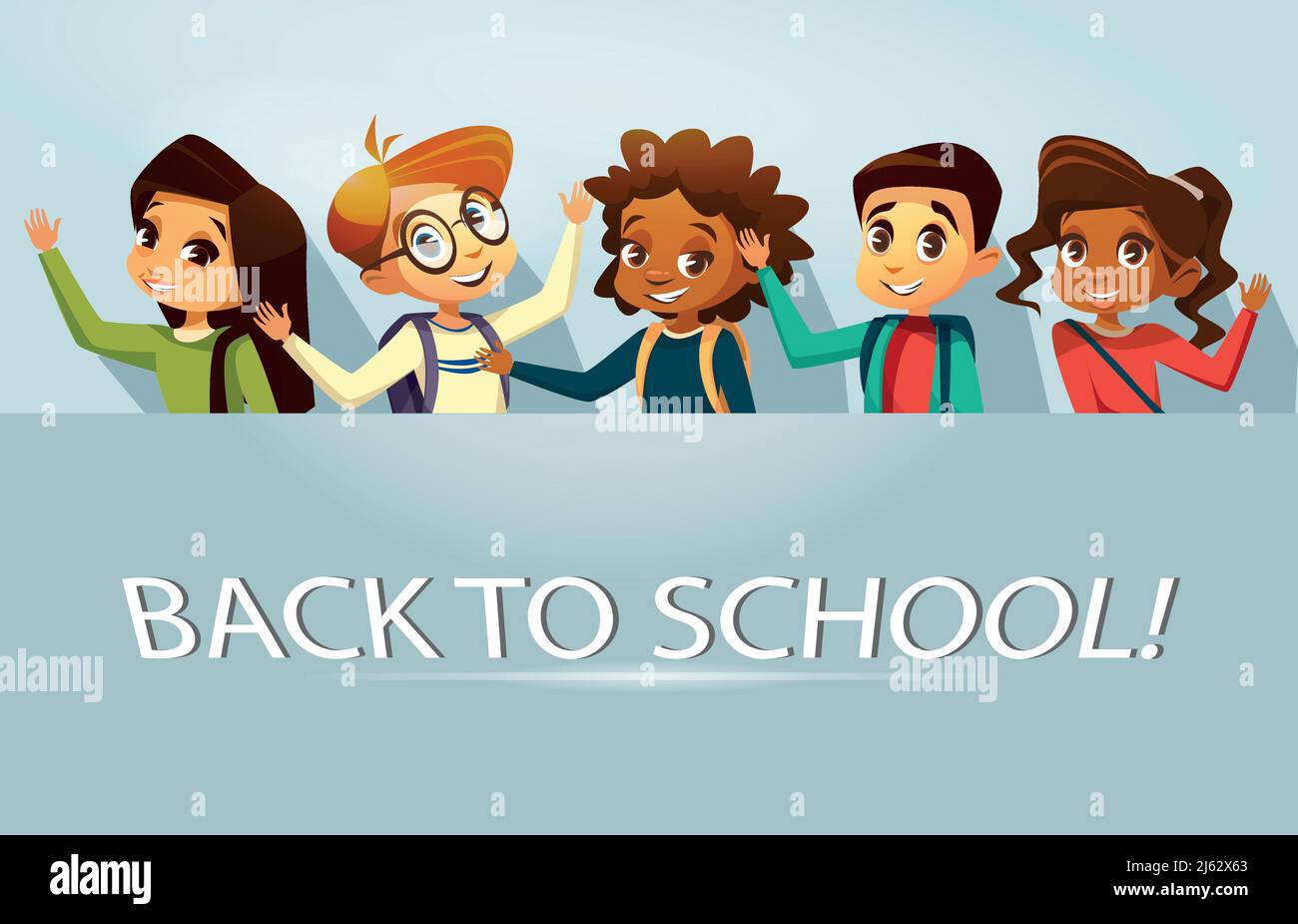Vektorgrafik Cartoon zurück zur Schule Bildung Poster, Banner Hintergrund Vorlage mit multinationalen Kindern, Schüler winken Hände. Illustration mit Happy afric Stock Vektor