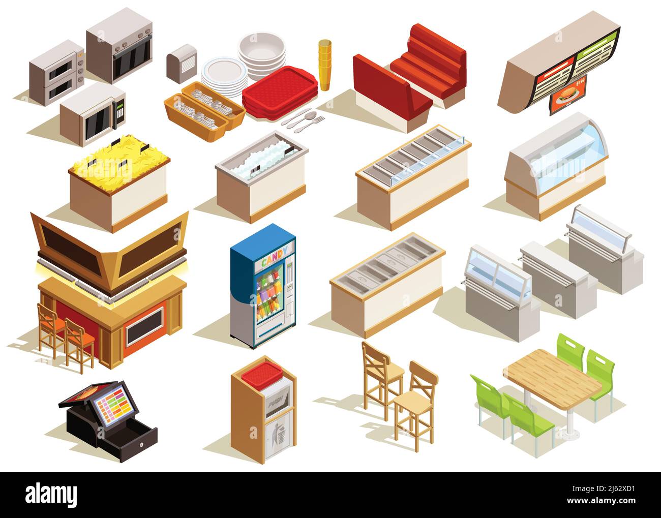 Isometrische Food Court Innenelemente Set mit Möbeln Küchenausstattung Geschirr Kühltheken Sitze und Tische Vektorgrafik Stock Vektor