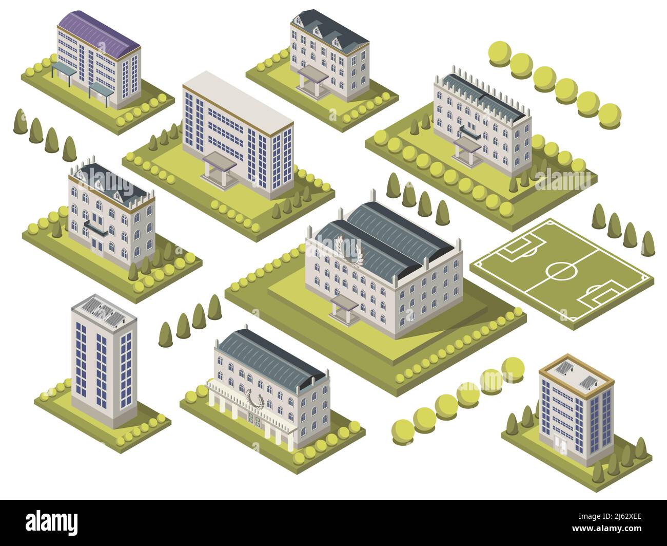 Isometrisches Universitätsset mit Sportplatz und isoliertem Campus-Vektor Abbildung Stock Vektor