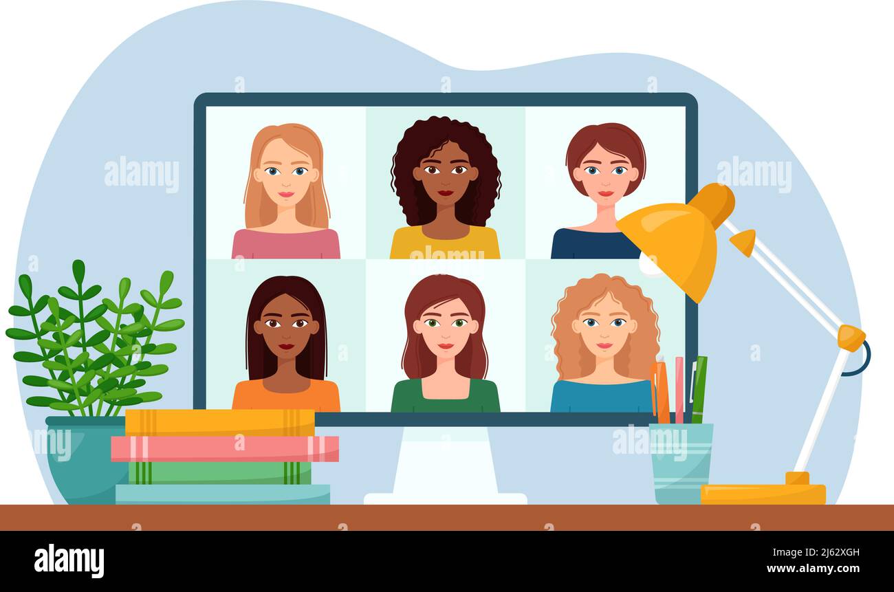 Online-Meeting per Videokonferenz. Frauen verbinden sich miteinander, lernen oder treffen sich online, Telearbeit. Vektorgrafik Stock Vektor