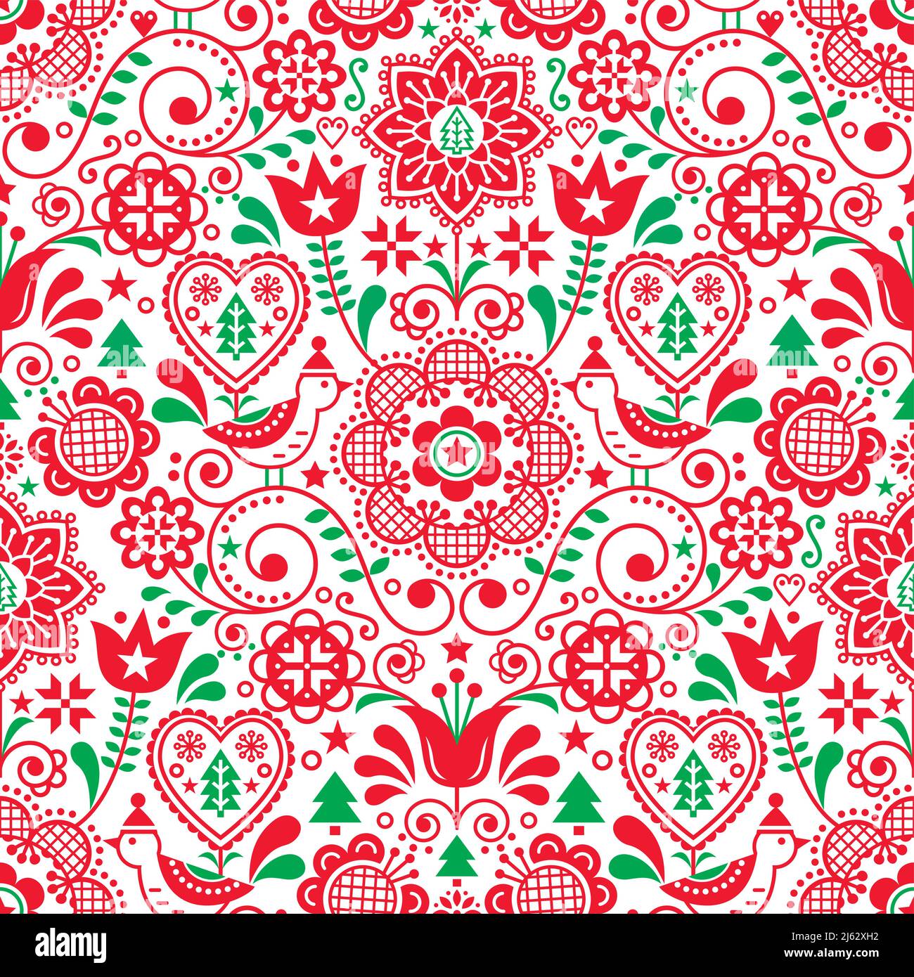 Weihnachten nahtlose Volkskunst Vektor-Muster mit Vögeln in Wintermützen, Schneeflocken, Weihnachtsbäume und Blumen, skandinavische festliche Blumenmuster in r Stock Vektor