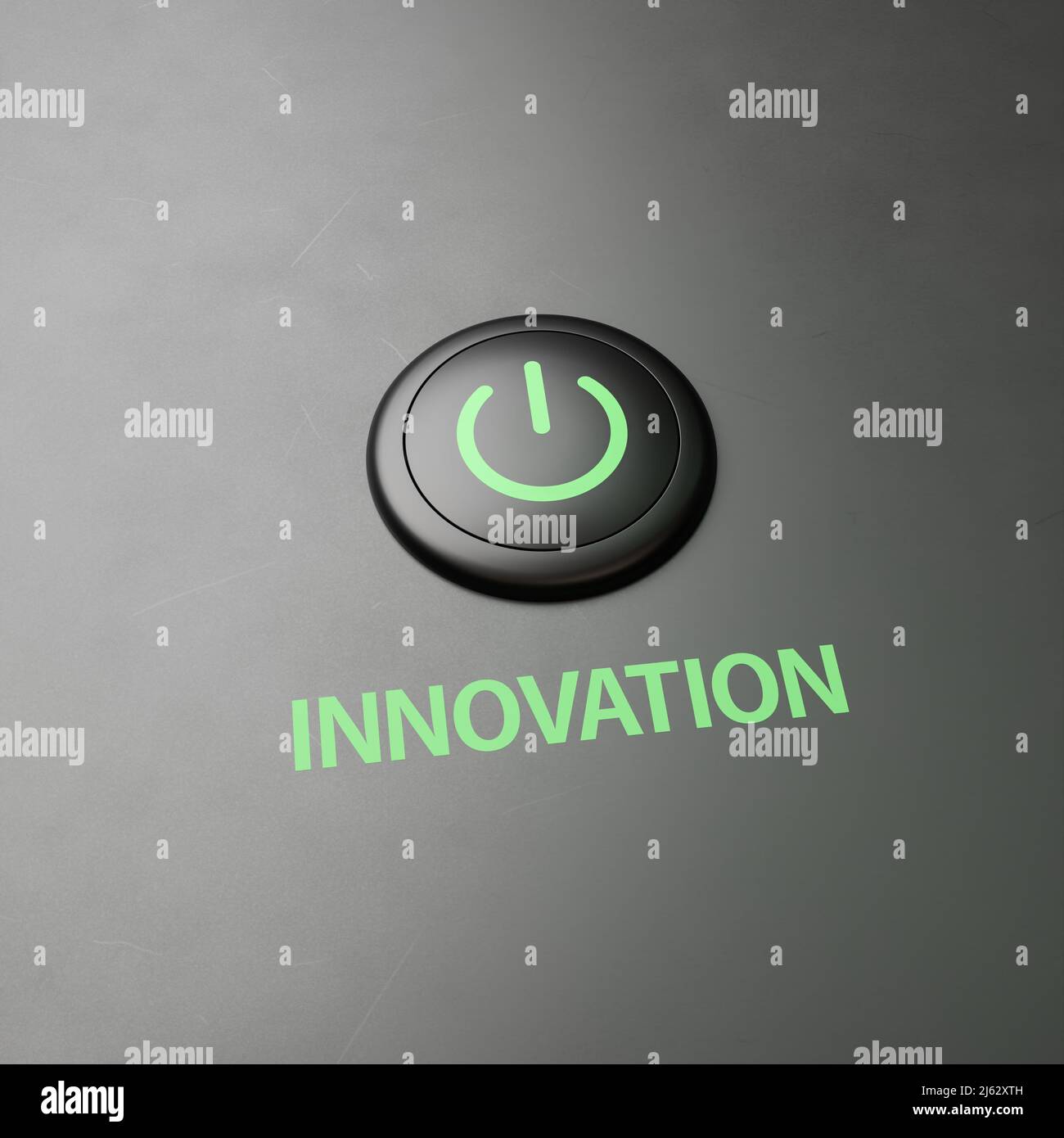 Schwarzer Knopf mit dem Wort „Innovation“ als Label - Konzept zur Umsetzung von Maßnahmen zur Umstellung auf Innovation. Platz zum besseren Zuschneiden kopieren Stockfoto