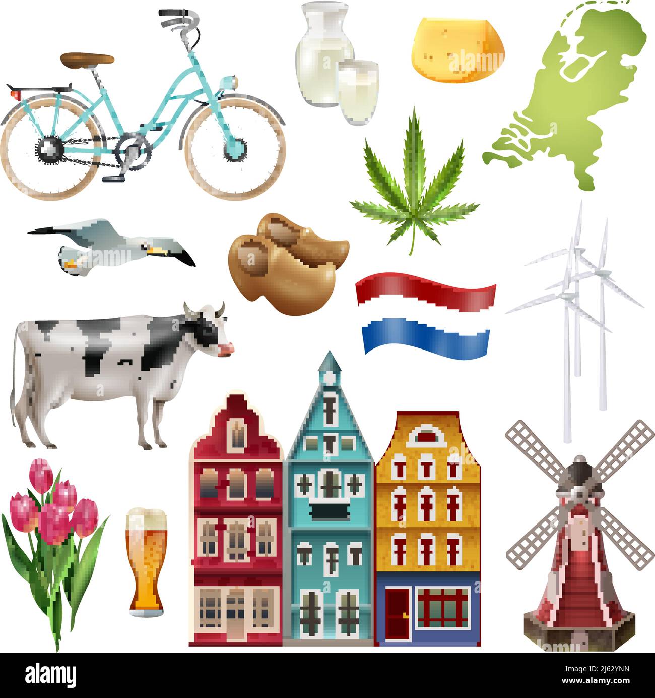 Holland niederlande Reise-Ikone gesetzt mit schönsten und beliebtesten Attraktionen des Landes Vektor-Illustration Stock Vektor