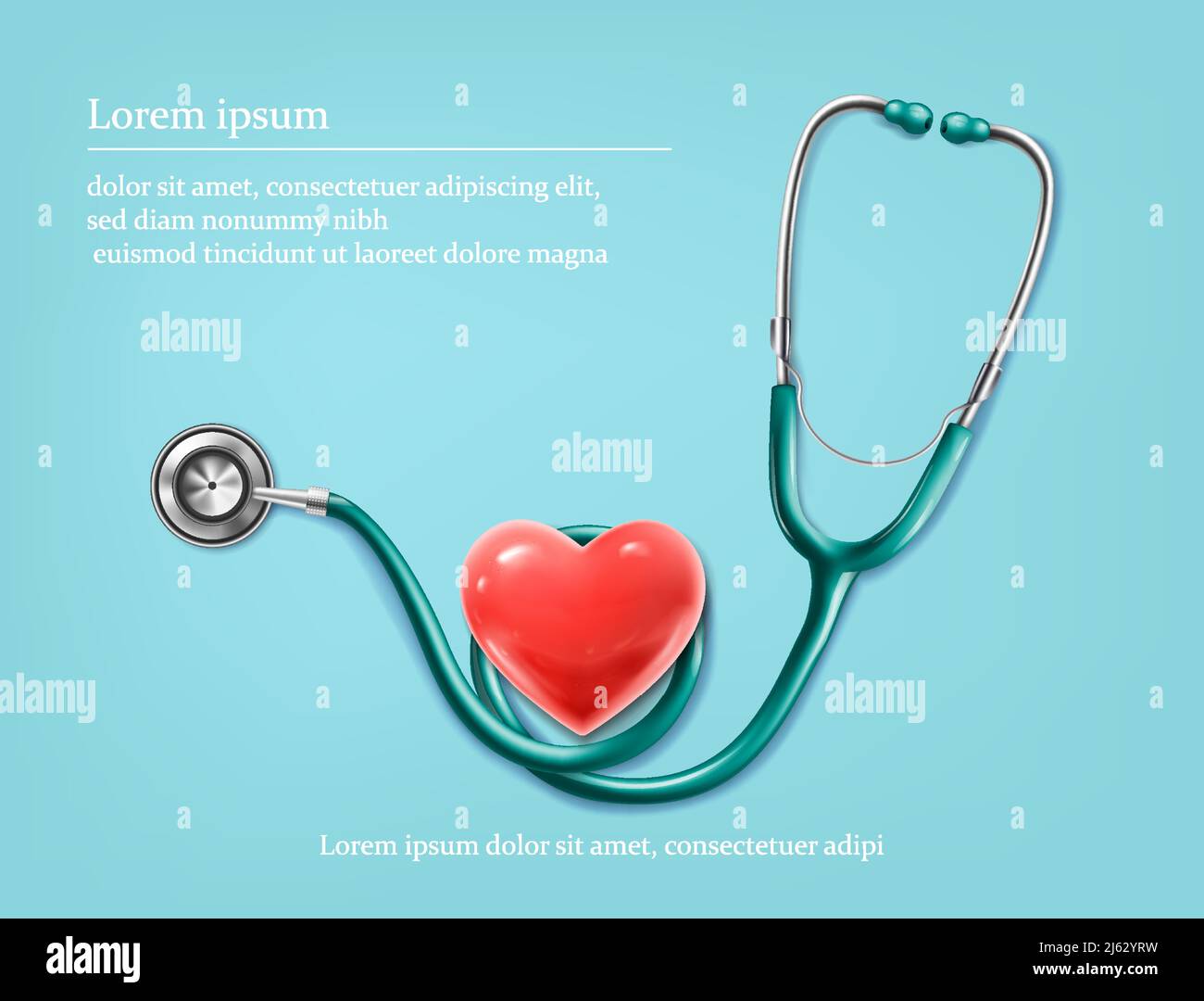 3D realistische Vektor-Hintergrunddarstellung. Stethoskop mit Herz, medizinisches Banner. Stock Vektor