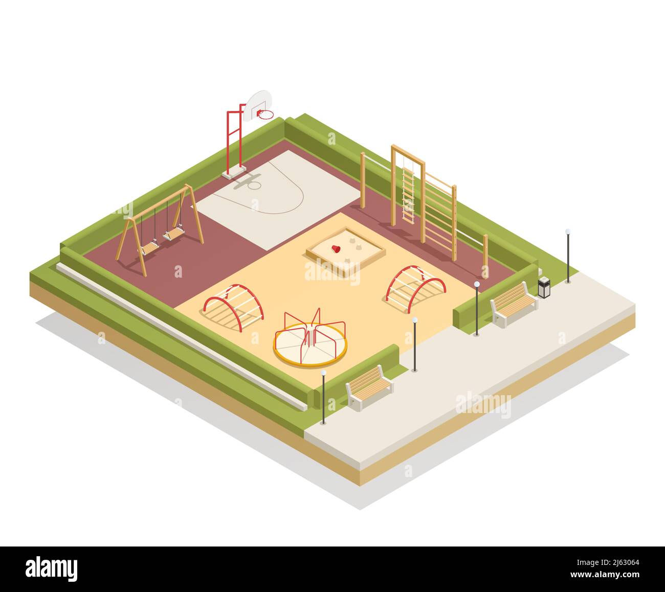 Kinder Spielplatz isometrische Mockup mit Karussell und Schaukeln, Basketballring, Sandkasten und Klettergerüste, Bänke Vektor-Illustration Stock Vektor