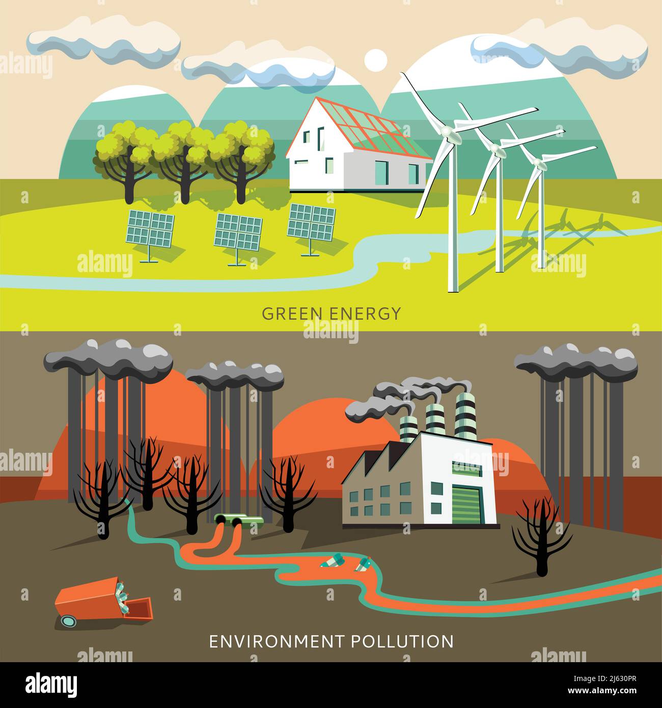 Grüne Energie und Umweltverschmutzung Banner mit Verschmutzung und Sauberkeit Von Luftbergen Flüsse isoliert Vektor-Illustration Stock Vektor