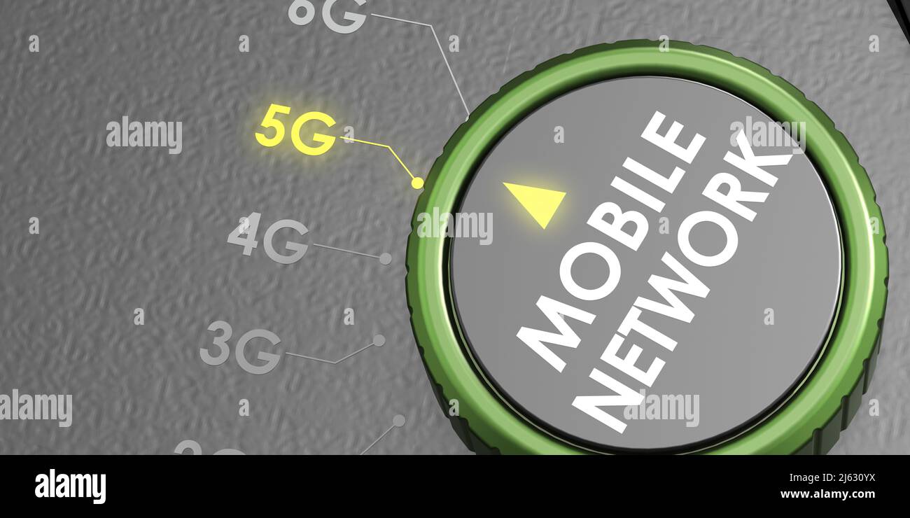 Drehknopf Drehen Sie auf 5G Mobilfunknetz, 3D Rendering Stockfoto