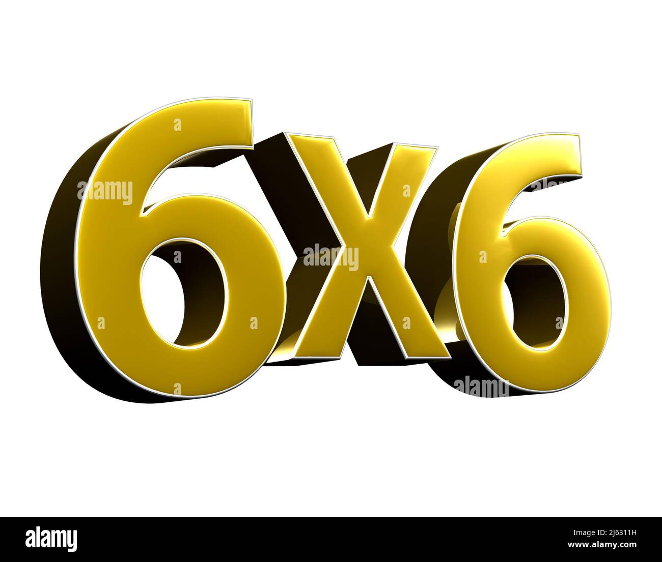 Zahl 6x6 Gold 3D Abbildung auf weißem Hintergrund mit Beschneidungspfad