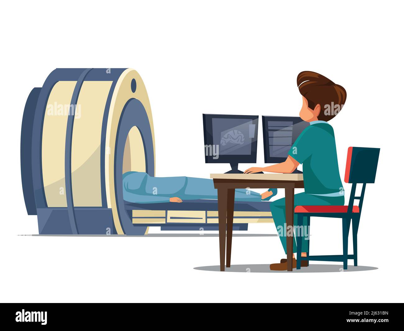 Vektorgrafik Cartoon Computertomographie CT oder Magnetresonanztomographie mrt-Patienten-Scanning-Konzept. Mann Arzt in medizinischen Uniform macht diagnostische Tests Stock Vektor