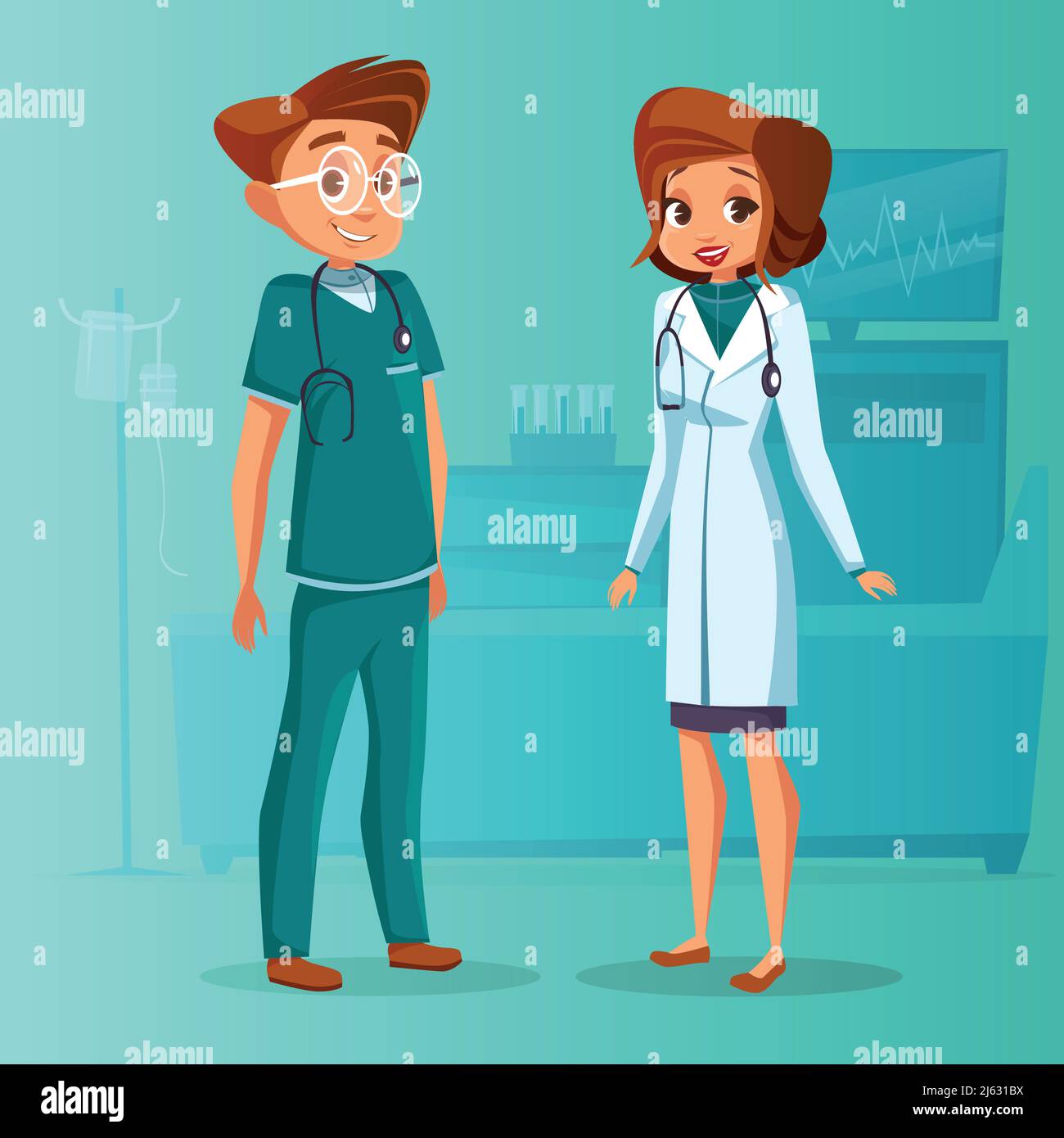 Vektor Cartoon männlich weiblich Arzt, Krankenschwester Set. Chirurg Mann in grüner Uniform mit Stethoskop, Ärztin Fachfrau in weiß. Illustration healthc Stock Vektor