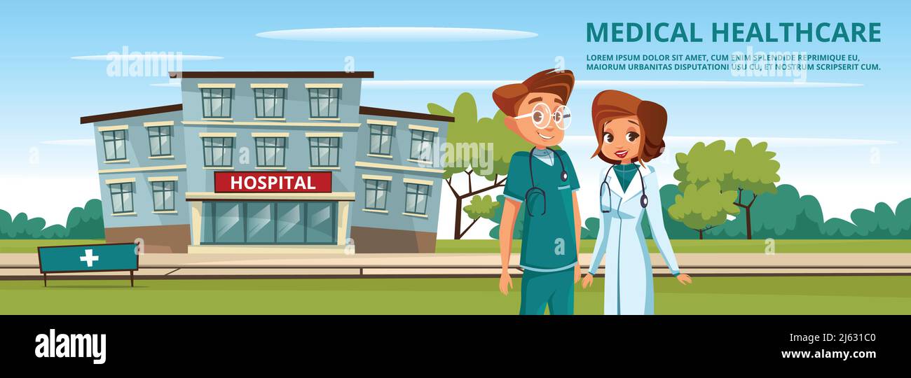Vektor Cartoon männlich weiblich Arzt, Krankenschwester Krankenhaus Hintergrund, Gesundheitswesen Medizin Dienstleistungen Werbung Poster Vorlage. Chirurg Mann in grüner Uniform w Stock Vektor