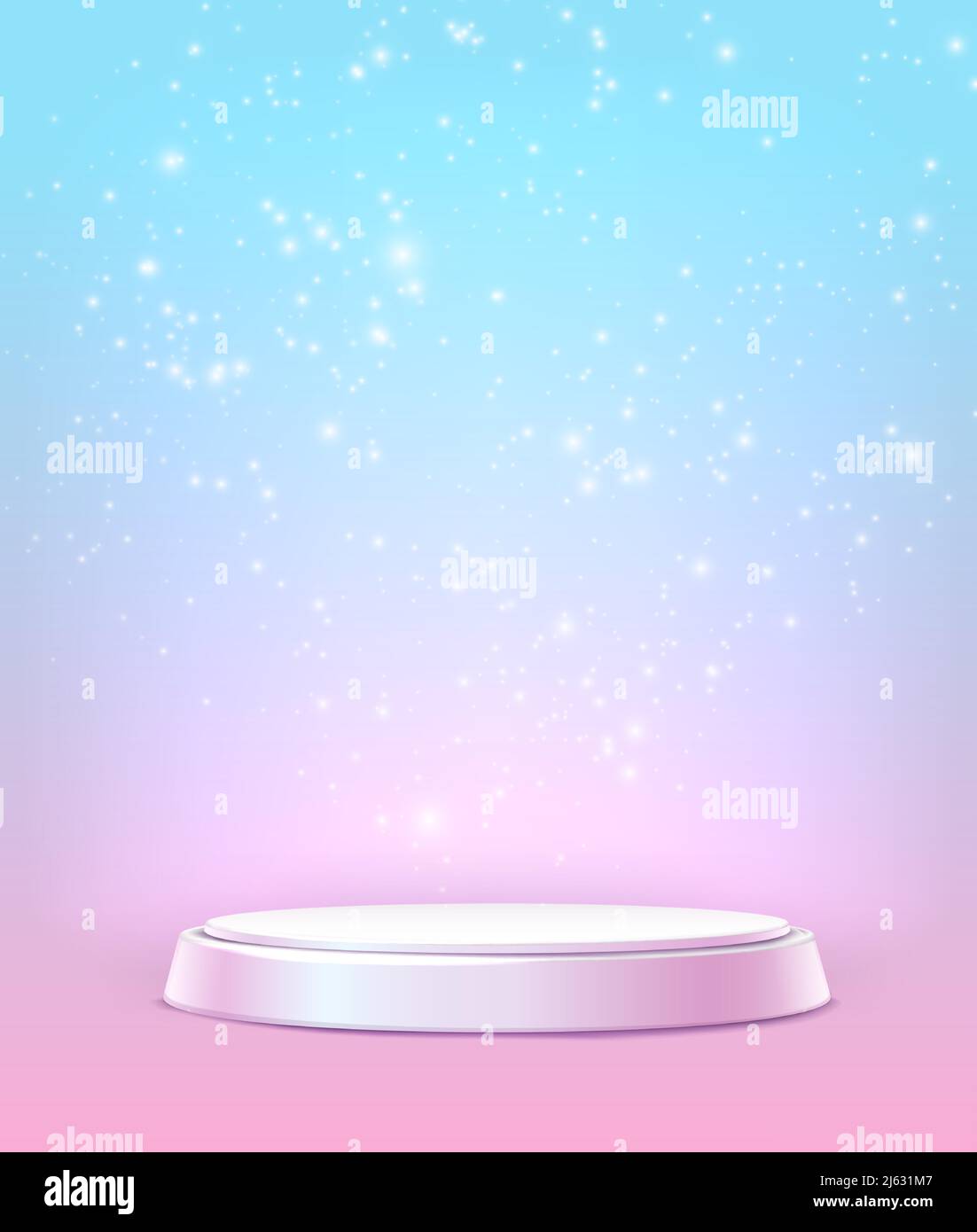 Realistischer Hintergrund für Vektorsymbole. Pinkblaue Wand mit Sternen und weißer runder Bühne für Werbebanner, Web- und Markenflyer. Stock Vektor