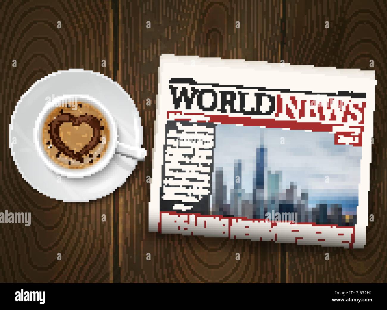 Morgen Welt News realistische Poster mit Tasse Kaffee und gefaltet Zeitung auf dunklem Holz Hintergrund Vektor Illustration Stock Vektor