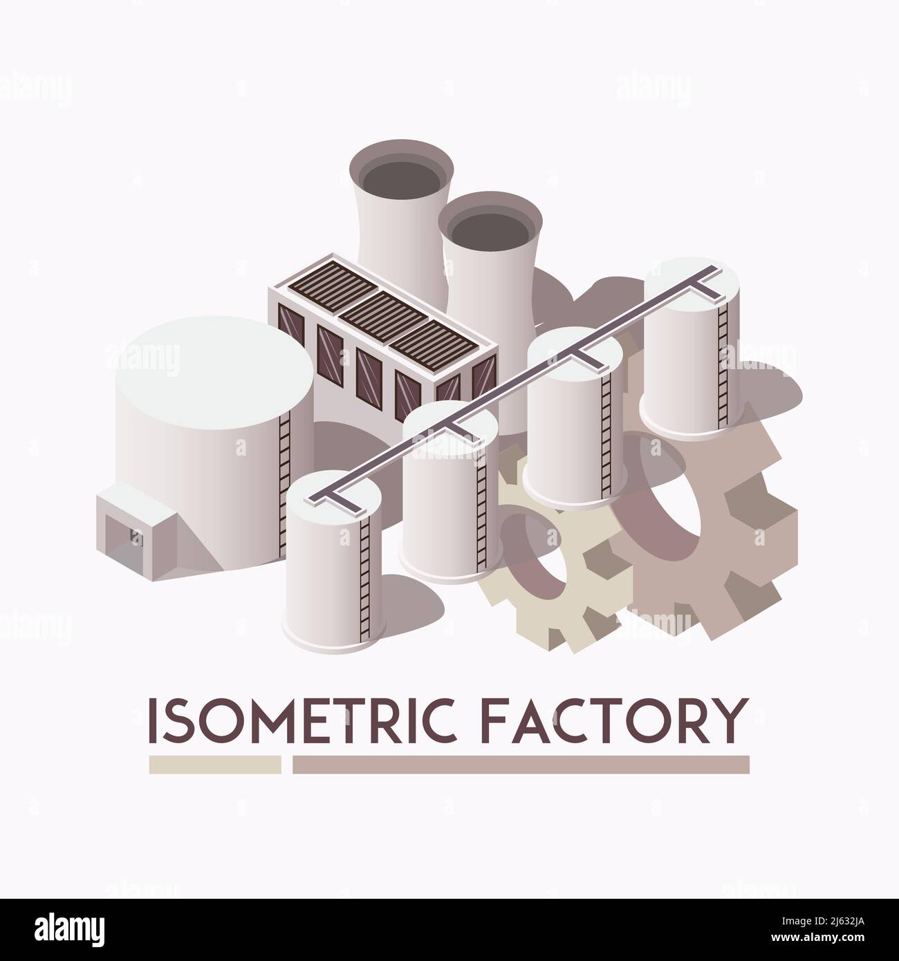 Isometrischer Satz von Fabrikschornsteinen und Industriekonstruktionen auf Licht Hintergrund 3D Vektorgrafik Stock Vektor