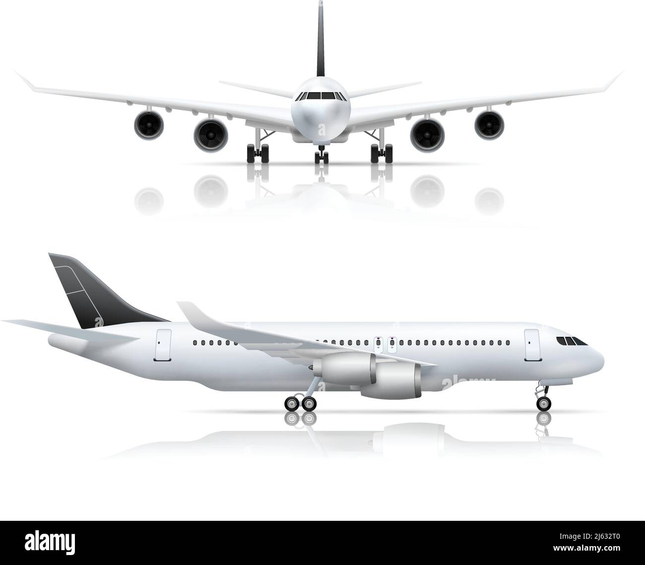 Große Passagier Jet Airliner Vorder-und Seitenflugzeug Ansicht realistisch Weiße Hintergrundreflexion als isolierte Vektorgrafik festlegen Stock Vektor