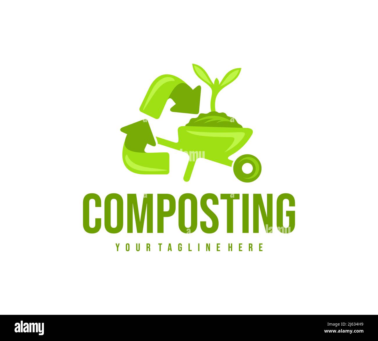 Kompostierung, Recycling, Schubkarre mit Erde und Sprossen, Logo-Design. Landwirtschaft, Landwirtschaft, Kompost und ​composted Bodenkreislauf, Vektordesign und Illus Stock Vektor