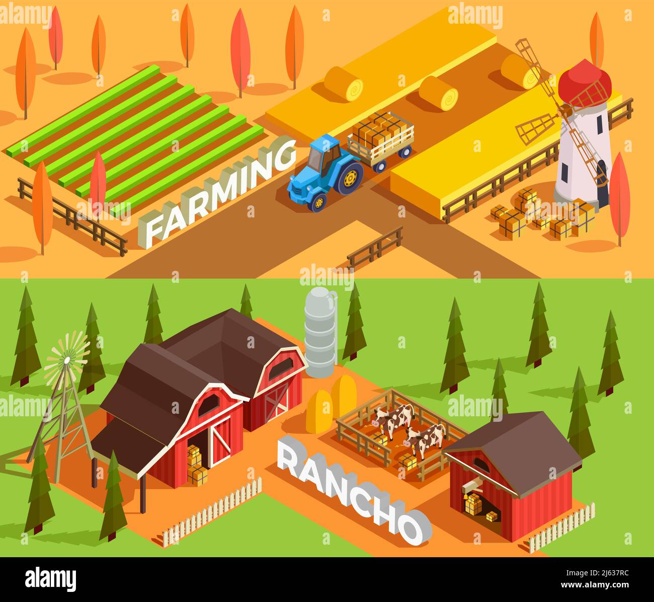 Isometrische horizontale Bauernhof Banner mit Bauernhäusern landwirtschaftliche Fahrzeuge Haustiere Und Fräsen 3D isolierte Vektorgrafik Stock Vektor