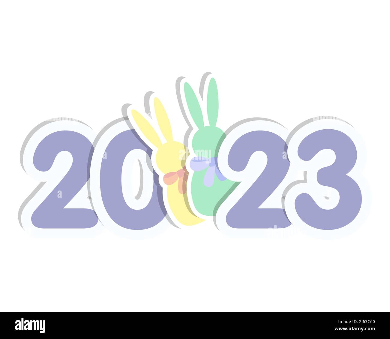Neujahrssticker 2023 mit Zahlen und Kaninchen, isoliert, weißer Hintergrund. Vektorgrafik Stock Vektor